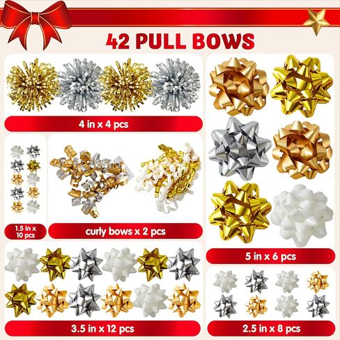 JOYIN 42 قطعة من أقواس الهدايا المتنوعة مع 36 أقواس عيد الميلاد ذاتية اللصق بحجم متعدد الألوان لتغليف الهدايا، 4 أقواس بهرج و2 أقواس مجعدة لعيد الميلاد وحفلات الزفاف وعروض تزيين التغليف in Kuwait