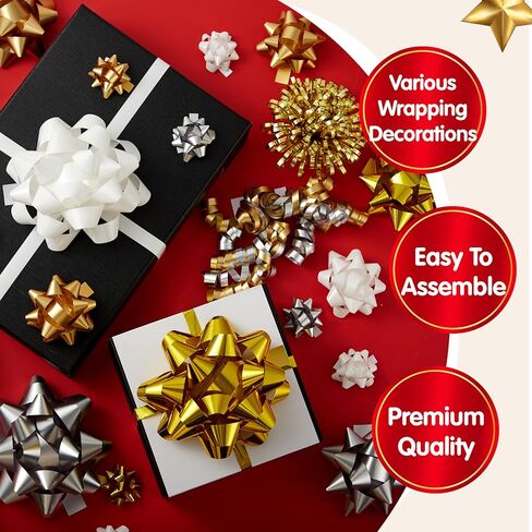 JOYIN 42 قطعة من أقواس الهدايا المتنوعة مع 36 أقواس عيد الميلاد ذاتية اللصق بحجم متعدد الألوان لتغليف الهدايا، 4 أقواس بهرج و2 أقواس مجعدة لعيد الميلاد وحفلات الزفاف وعروض تزيين التغليف in Kuwait