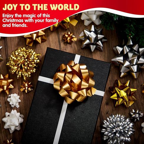 JOYIN 42 قطعة من أقواس الهدايا المتنوعة مع 36 أقواس عيد الميلاد ذاتية اللصق بحجم متعدد الألوان لتغليف الهدايا، 4 أقواس بهرج و2 أقواس مجعدة لعيد الميلاد وحفلات الزفاف وعروض تزيين التغليف in Kuwait