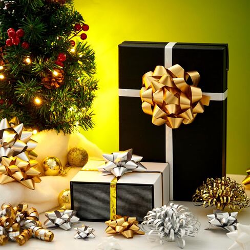 JOYIN 42 قطعة من أقواس الهدايا المتنوعة مع 36 أقواس عيد الميلاد ذاتية اللصق بحجم متعدد الألوان لتغليف الهدايا، 4 أقواس بهرج و2 أقواس مجعدة لعيد الميلاد وحفلات الزفاف وعروض تزيين التغليف in Kuwait