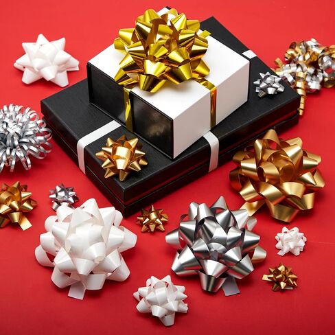 JOYIN 42 قطعة من أقواس الهدايا المتنوعة مع 36 أقواس عيد الميلاد ذاتية اللصق بحجم متعدد الألوان لتغليف الهدايا، 4 أقواس بهرج و2 أقواس مجعدة لعيد الميلاد وحفلات الزفاف وعروض تزيين التغليف in Kuwait