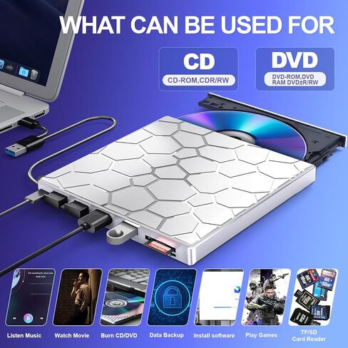محرك اقراص CD/DVD خارجي للابتوب، مشغل دي في دي محمول 8 في 1 بمنفذ USB 3.0 رفيع للغاية للابتوب والكمبيوتر المكتبي وماك وويندوز وMac ولينكس OS in Kuwait