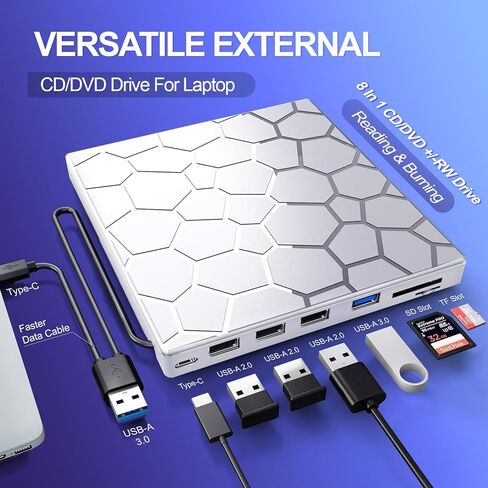 محرك اقراص CD/DVD خارجي للابتوب، مشغل دي في دي محمول 8 في 1 بمنفذ USB 3.0 رفيع للغاية للابتوب والكمبيوتر المكتبي وماك وويندوز وMac ولينكس OS in Kuwait