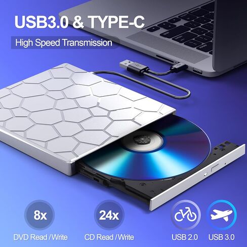 محرك اقراص CD/DVD خارجي للابتوب، مشغل دي في دي محمول 8 في 1 بمنفذ USB 3.0 رفيع للغاية للابتوب والكمبيوتر المكتبي وماك وويندوز وMac ولينكس OS in Kuwait