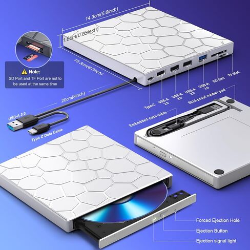 محرك اقراص CD/DVD خارجي للابتوب، مشغل دي في دي محمول 8 في 1 بمنفذ USB 3.0 رفيع للغاية للابتوب والكمبيوتر المكتبي وماك وويندوز وMac ولينكس OS in Kuwait