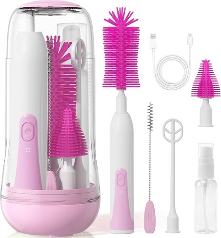 Electric Bottle Brush Cleaner, 9 in 1 Baby Bottle Brush Kit with Nipple Straw Crevice Brushes Drying Rack Extender Soap Dispenser Storage Box, Rechargable Bottle Cleaner Set for Travel & Home (Pink) in Saudi Arabia