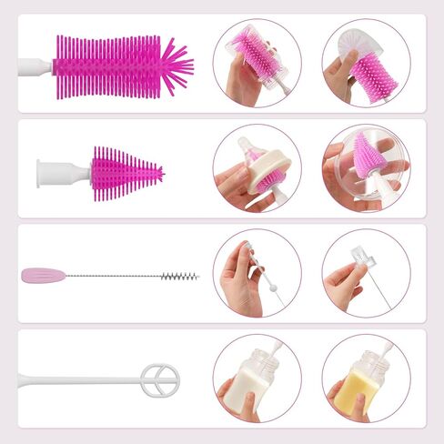 Electric Bottle Brush Cleaner, 9 in 1 Baby Bottle Brush Kit with Nipple Straw Crevice Brushes Drying Rack Extender Soap Dispenser Storage Box, Rechargable Bottle Cleaner Set for Travel & Home (Pink) in Saudi Arabia
