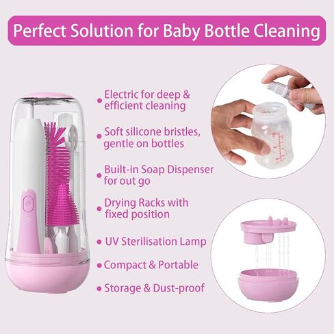 Electric Bottle Brush Cleaner, 9 in 1 Baby Bottle Brush Kit with Nipple Straw Crevice Brushes Drying Rack Extender Soap Dispenser Storage Box, Rechargable Bottle Cleaner Set for Travel & Home (Pink) in Saudi Arabia