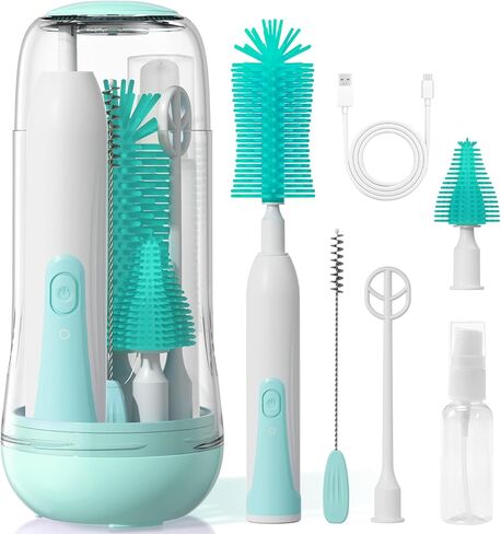 Electric Bottle Brush Cleaner, 9 in 1 Baby Bottle Brush Kit with Nipple Straw Crevice Brushes Drying Rack Extender Soap Dispenser Storage Box, Rechargable Bottle Cleaner Set for Travel & Home (Pink) in Saudi Arabia