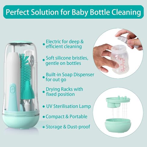 Electric Bottle Brush Cleaner, 9 in 1 Baby Bottle Brush Kit with Nipple Straw Crevice Brushes Drying Rack Extender Soap Dispenser Storage Box, Rechargable Bottle Cleaner Set for Travel & Home (Pink) in Saudi Arabia