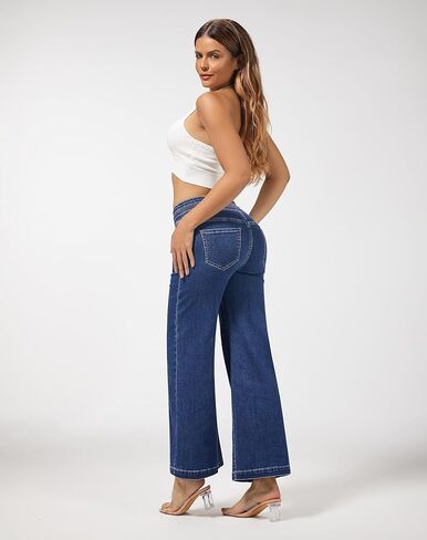 roswear Women's Wide Leg Cropped Jeans High Waisted Ankle Trouser Jeans Boyfriend Stretchy Front Seam Denim Pants in Kuwait