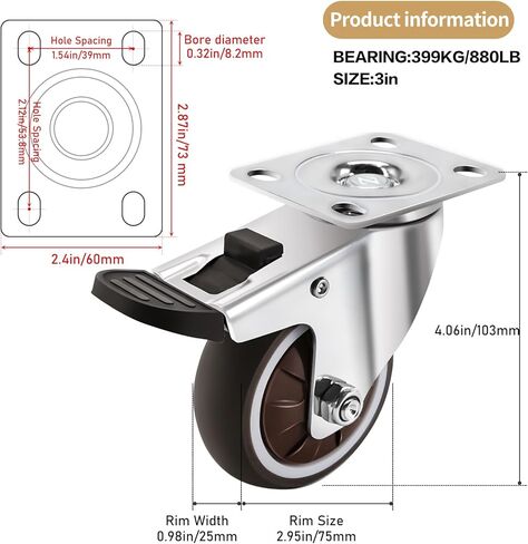 عجلات دوارة مقاس 2.54 سم، مجموعة عجلات صغيرة مكونة من 4 قطع، عجلات جانبية مع فرامل على شكل حرف L، لوحة مطاطية ناعمة وعجلات منخفضة المستوى مع عجلات دوارة 360 درجة صامتة لا تترك علامات، السعة الإجمالية 120 رطل in Kuwait
