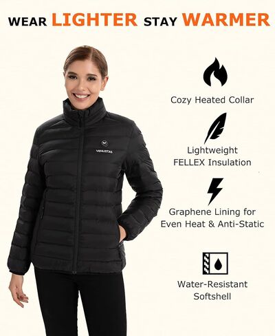 Venustas Women's Lightweight Heated Jacket with Battery, 6-Zone Electric Puffer Winter Coat for Outdoor Camping Hiking in Kuwait