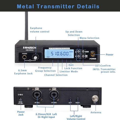 نظام مونو لاسلكي داخل الأذن، نظام IEM، جهاز إرسال نظام IEM احترافي UHF وجهاز استقبال على الحزام مع سماعة أذن، للاستوديو والجيتار والدي جي والأداء المباشر 164 قدم (1 هيكل) in Kuwait