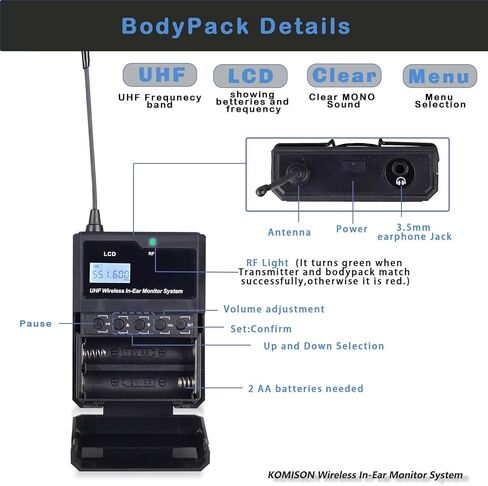 نظام مونو لاسلكي داخل الأذن، نظام IEM، جهاز إرسال نظام IEM احترافي UHF وجهاز استقبال على الحزام مع سماعة أذن، للاستوديو والجيتار والدي جي والأداء المباشر 164 قدم (1 هيكل) in Kuwait