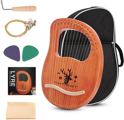 Lyre Harp 16 سلاسل معدنية، آلة سلسلة الجسم من خشب الماهوجني الرقائقي مع مفتاح ضبط، حقيبة حمل، سلاسل استخراج، اللقطات والدليل، آلة موسيقية للأطفال والكبار in Saudi Arabia