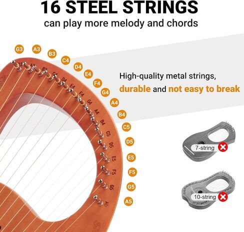 Lyre Harp 16 سلاسل معدنية، آلة سلسلة الجسم من خشب الماهوجني الرقائقي مع مفتاح ضبط، حقيبة حمل، سلاسل استخراج، اللقطات والدليل، آلة موسيقية للأطفال والكبار in Saudi Arabia
