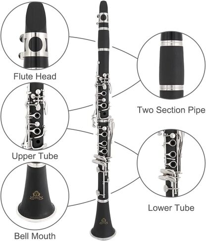 Bb Clarinet - فرقة كلارينيت للمبتدئين، مع حامل الكلارينيت، قطعة الفم، حقيبة صلبة ومجموعة التنظيف (أسود) in Saudi Arabia