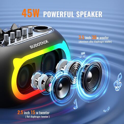 SUDOTACK Karaoke Machine for Adults Kids with 2 Wireless Microphones, Bluetooth PA Speaker System with Echo/Bass/Treble Adjustment for Home Party, Outdoor, Church, Picnic, Birthday Gifts (Space Black) in Saudi Arabia