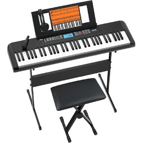 61 Key Portable Electronic Keyboard Piano w/Lighted Full Size Keys,LCD,Headphones,X-Stand,Stool,Music Rest,Microphone,Note Stickers,Built-In Speakers,3 Teaching Modes,Ideal for Beginner Adult