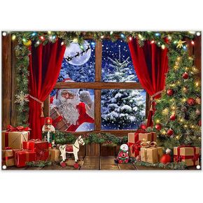 ZTHMOE Fabric 7x5ft Christmas Window Photography Backdrop Winter Merry Xmas Tree Gift Background Night Snow Party Decoration Holiday Photo Banner Props