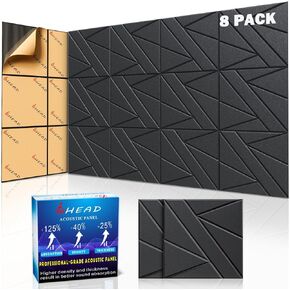 8 Pack Self-Adhesive Soundproof Wall Panels, 12 x 12 x 0.47 In Sound Proof Foam Panels for Walls, 1.2lb/ft³ High Density, Thicker 0.47in, Acoustic Panels, Noise Dampening Panels Studio Black