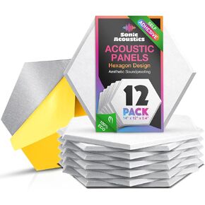 Sonic Acoustics Self-Adhesive 12 Pack Hexagon Acoustic Panels, 14" X 12" X 0.4" High Density Sound Absorbing Panels Sound Proof Insulation Beveled Edge Studio Treatment Tiles-White