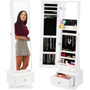 Best Choice Products 360 Swivel Mirrored Jewelry Cabinet, Full Length Armoire, LED-Lit Makeup Storage Organizer w/Internal Lights, Mirror, 3 Storage Shelves, 3 Drawers - White