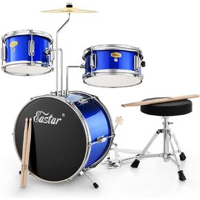 Kids Drum Set Eastar 3-Piece for Beginners, 14 inch Drum Kit with Adjustable Throne, Cymbal, Pedal & Two Pairs of Drumsticks, Junior Drum Set with Bass Tom Snare Drum, Metallic Sky Blue