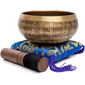 Tibetan Singing Bowl Set Bronze - Master Healing Grade - Pure Tone With Tibetan Thangka Art By Himalayan Bazaar (Gold & Yellow)