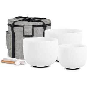 Set of 3 PCS 440HZ 6" A Note 8" F Note and 10" C Note Frosted Chakra Quartz Crystal Singing Bowl with Carry Case Bag for Sound Healing Meditation