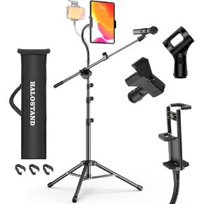 Microphone Stand with IPAD Clip, Floor Foldable Mic Stand with Phone Clip,Heavy Duty Tripod Boom Arm with 2 Mic Clips and Carrying Bag for Singing Karaoke Stage