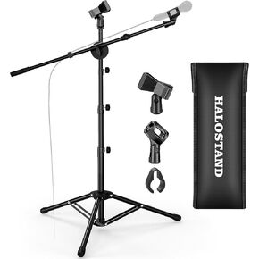Microphone Stand with IPAD Clip, Floor Foldable Mic Stand with Phone Clip,Heavy Duty Tripod Boom Arm with 2 Mic Clips and Carrying Bag for Singing Karaoke Stage