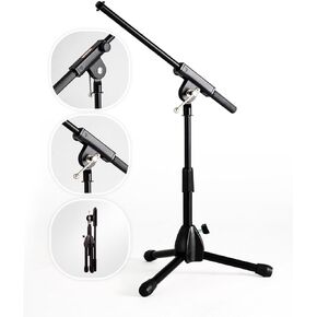 Foldable Tripod Low-Profile Mic Boom Stand - Height Extending from 9.6'' to 16.9'', w/Adjustable Telescoping Arm Up to 9'', Lightweight/Convenient, Black, Powered by Hamilton(SR610121B)