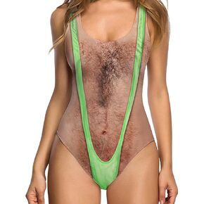 uideazone Women Funny Swimsuit Hairy Body Chest Printed Hippie Swimsuits Bathing Suit One Pieces Swimwear Monokini