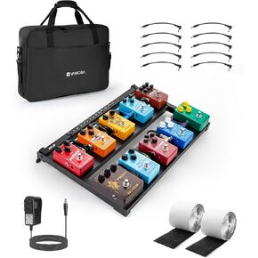 Vangoa Guitar Pedal Board with Built in Power Supply Board 9V/12V/18V for 5-6 Pedals Aluminium Alloy Portable Folding Powered Guitar Pedalboard with Carry Bag, Pedal Cables, Small