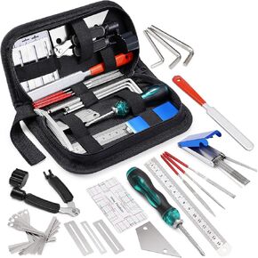 25Pcs Guitar Repairing Tools Kit Setup Kit with Carry Bag for Acoustic Electric guitar Ukulele Bass Banjo Maintenance Tool with Ruler Gauge Measuring Tool Hex Wrench Files Fingerboard Guard
