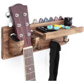 Bikoney Wall Mount Guitar Hanger Shelf with Pick Holder and 3 Hooks - Carbonized Black Guitar Holder for Acoustic, Electric, Bass, Ukulele [U.S. Patent]