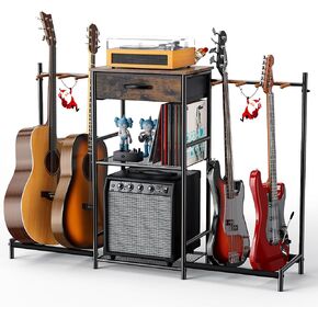 Guitar Stands Floor with 4 Guitar Holders, 3-Tier Guitar Stand Multiple Guitars, Guitar Rack with Amp Stand & Cloth Drawer, Multi Guitar Stand for Music Studio, Guitar Accessories gift for Music Lover