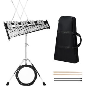 Costzon 30 Notes Glockenspiel Xylophone Bell Kit, Xylophone Percussion Instrument with Height Adjustable Stand, Music Stand, 8'' Practice Pad, Mallets, Drumsticks & Carrying Bag for Beginner Students