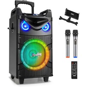 Moukey Karaoke Machine, 10" Woofer Portable PA System, Bluetooth Speaker with 2 Wireless Microphones, Lyrics Display Tablet Holder, Party Lights & Echo/Treble/Bass Adjustment Support REC/AUX/USB/TF