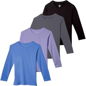 Real Essentials 4 Pack: Girls Dry-Fit Long Sleeve Active Crew Neck T-Shirt - Super Soft Tee