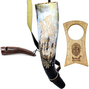 Viking Rustic Blowing Horn Set with Wooden Stand & Whistle Authentic Tribal-Style Decor & Instrument Battle Trumpet Crafted from Authentic Premium Ox Horn…