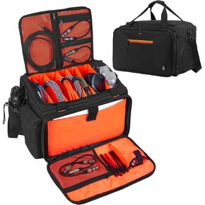 Large DJ Bag Built-in Sturdy Support Board, DJ cable bag with 9 Detachable Divider & Padded Shoulder Strap, gig bag for Professional DJ Gear, Musical Instrument and Accessories