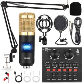 Podcast Equipment Bundle, Audio Interface with Voice Changer and BM800 Condenser Microphone, Recording Studio Package Perfect for Recording, Broadcasting, Live Streaming, YouTube, TikTok (BM800-V8G)