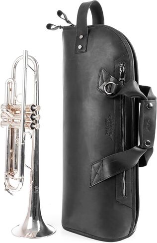 Leather Trumpet Gig Bag. Padded, Lightweight & Water-Resistant, w. Shoulder Strap & Handle. Durable Protection w. Accessory Pocket. Instrument Case Storage & Travel (Trumpet, black) in Kuwait