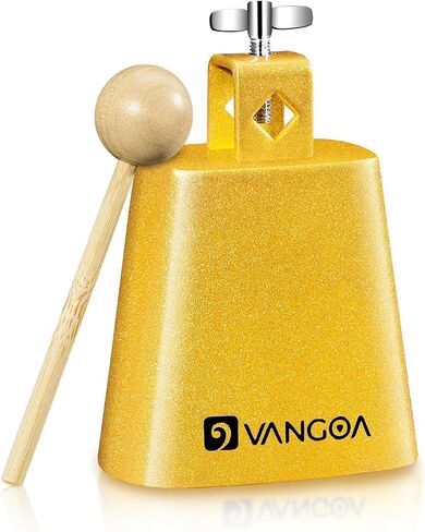 Vangoa 4 Inch Steel Cowbell with Stick, Noise Makers Hand Bell Cheering Bell for Sports Events Solid School Bells Percussion Cowbells for Drum Set, Gold in Kuwait