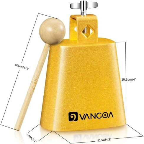 Vangoa 4 Inch Steel Cowbell with Stick, Noise Makers Hand Bell Cheering Bell for Sports Events Solid School Bells Percussion Cowbells for Drum Set, Gold in Kuwait