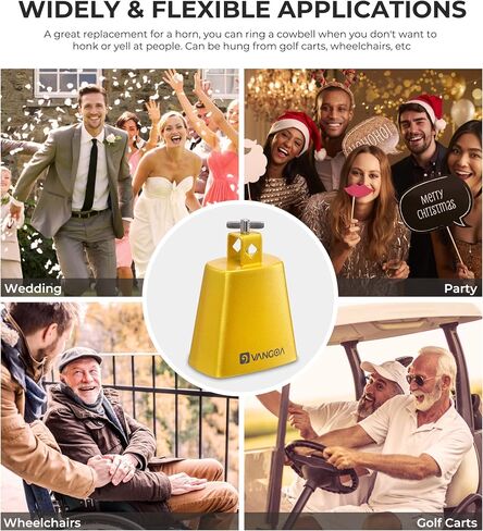 Vangoa 4 Inch Steel Cowbell with Stick, Noise Makers Hand Bell Cheering Bell for Sports Events Solid School Bells Percussion Cowbells for Drum Set, Gold in Kuwait