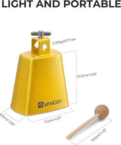 Vangoa 4 Inch Steel Cowbell with Stick, Noise Makers Hand Bell Cheering Bell for Sports Events Solid School Bells Percussion Cowbells for Drum Set, Gold in Kuwait